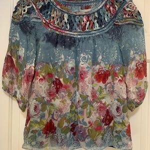 Sundance Blue and Red Floral Silk Blouse